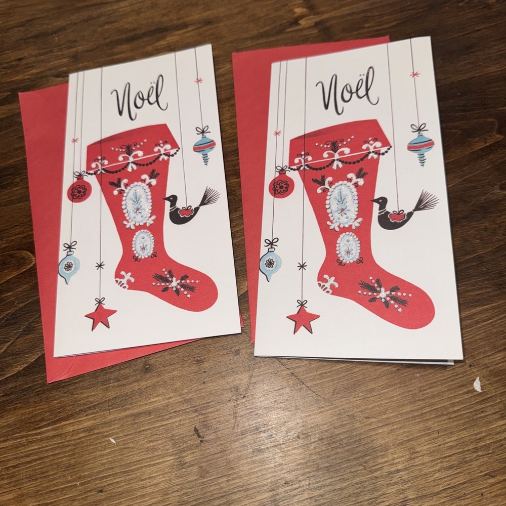 Vintage Christmas Card Unused 2 Noel Stocking Ornaments Glitter